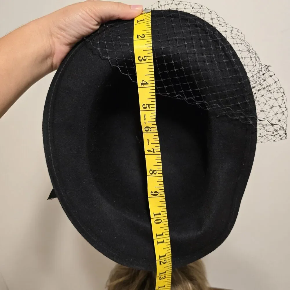 True Vintage Lancaster Black Wool Felt Hat Face Netting USA Black Sequin Classy